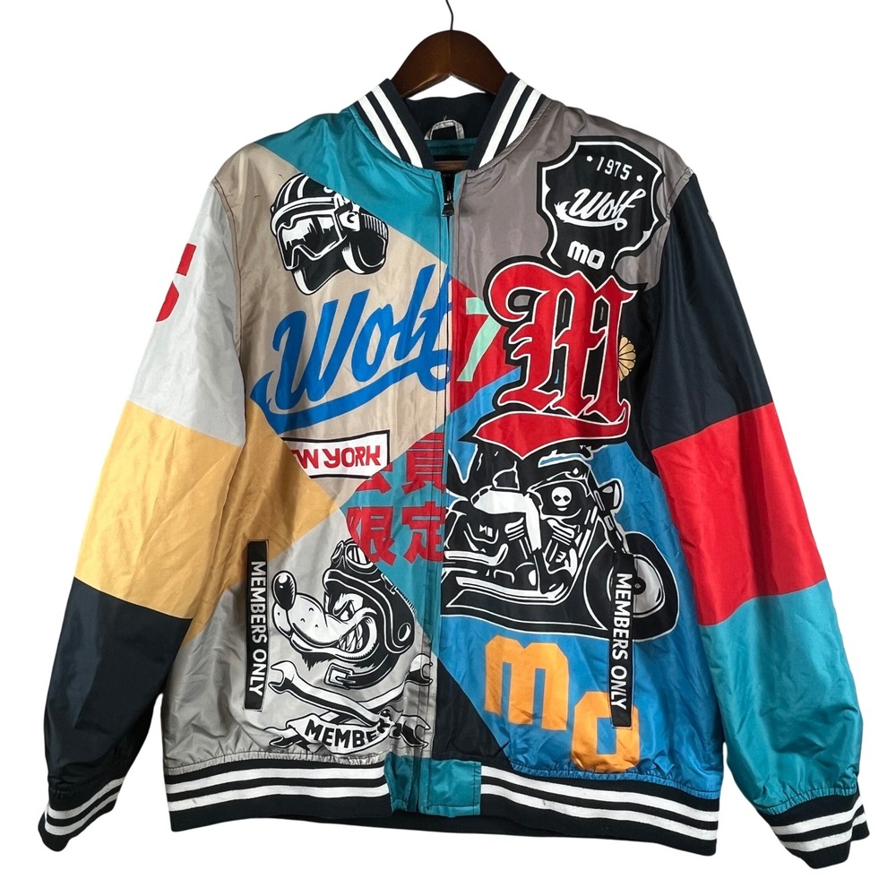 Members Only Racing Bomber Jacket Men XL Wolf 1975 Moto Graphic Full Zip Pop Art